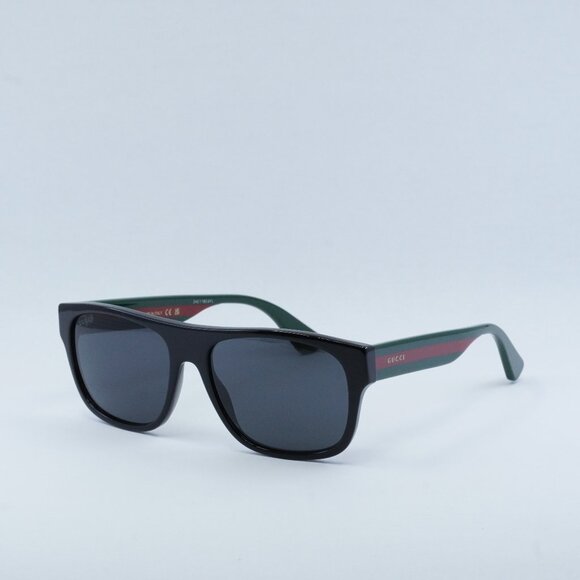 Gucci GG0341S 001 Sunglasses Black and Green with Red Stripe Square Frame
